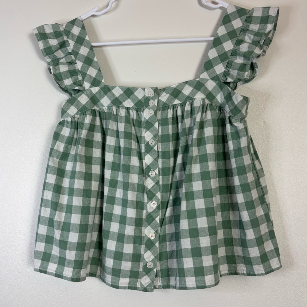 Petal & Pup Green and White Gingham Ruffled Shoulder Button-Front Top